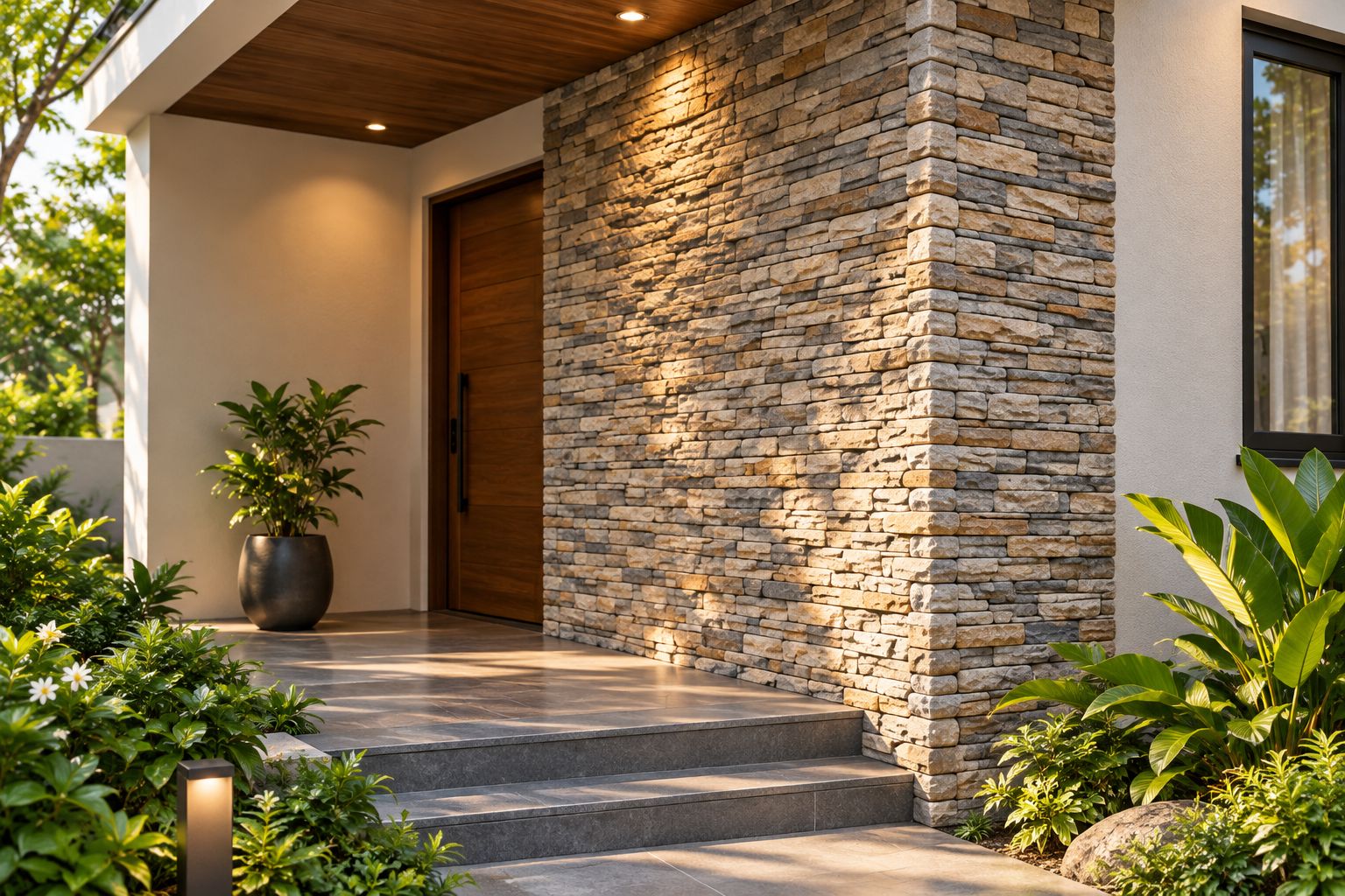 Split-face stone on a recessed porch wall beside smooth plaster