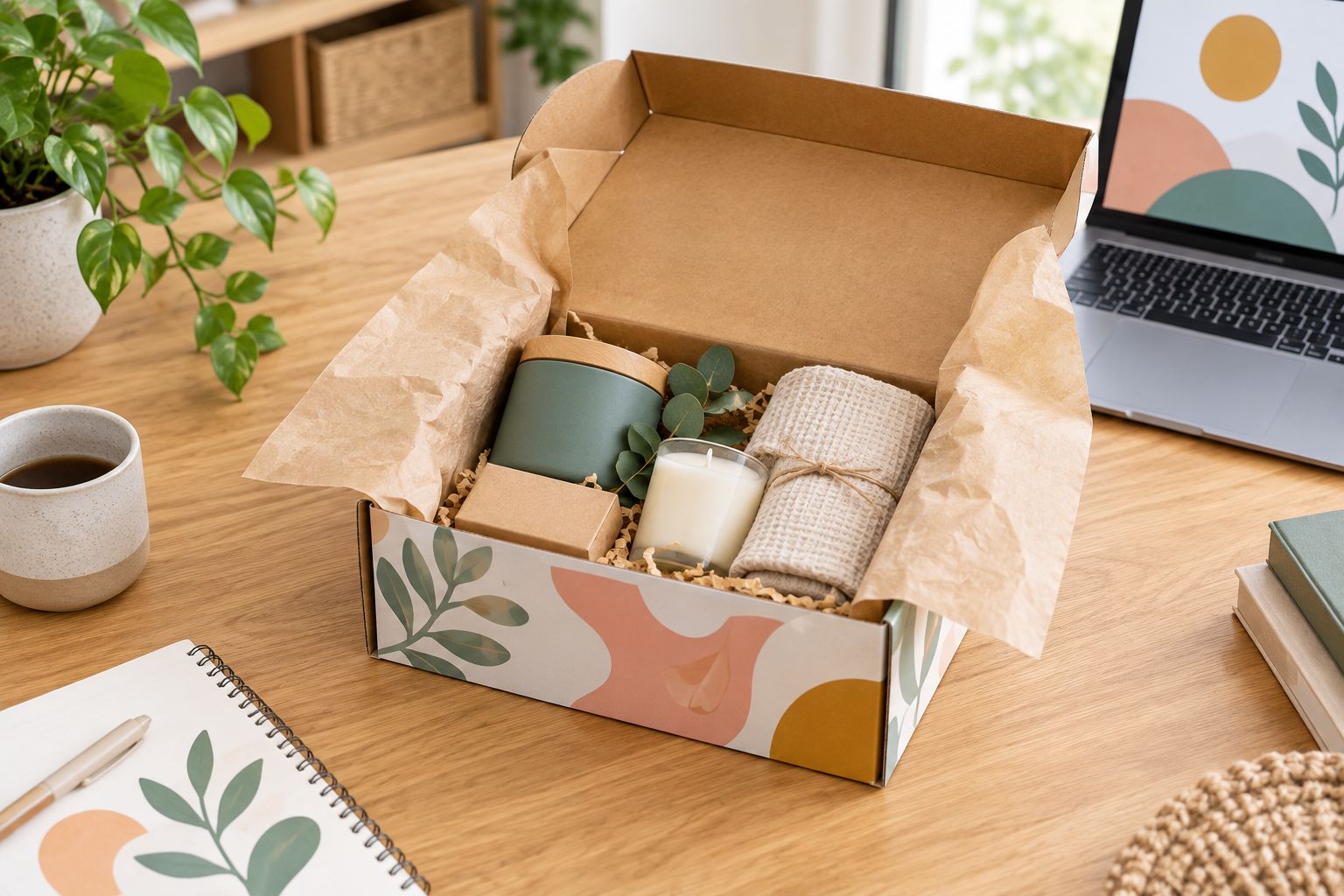 Open subscription box with kraft tissue and products inside