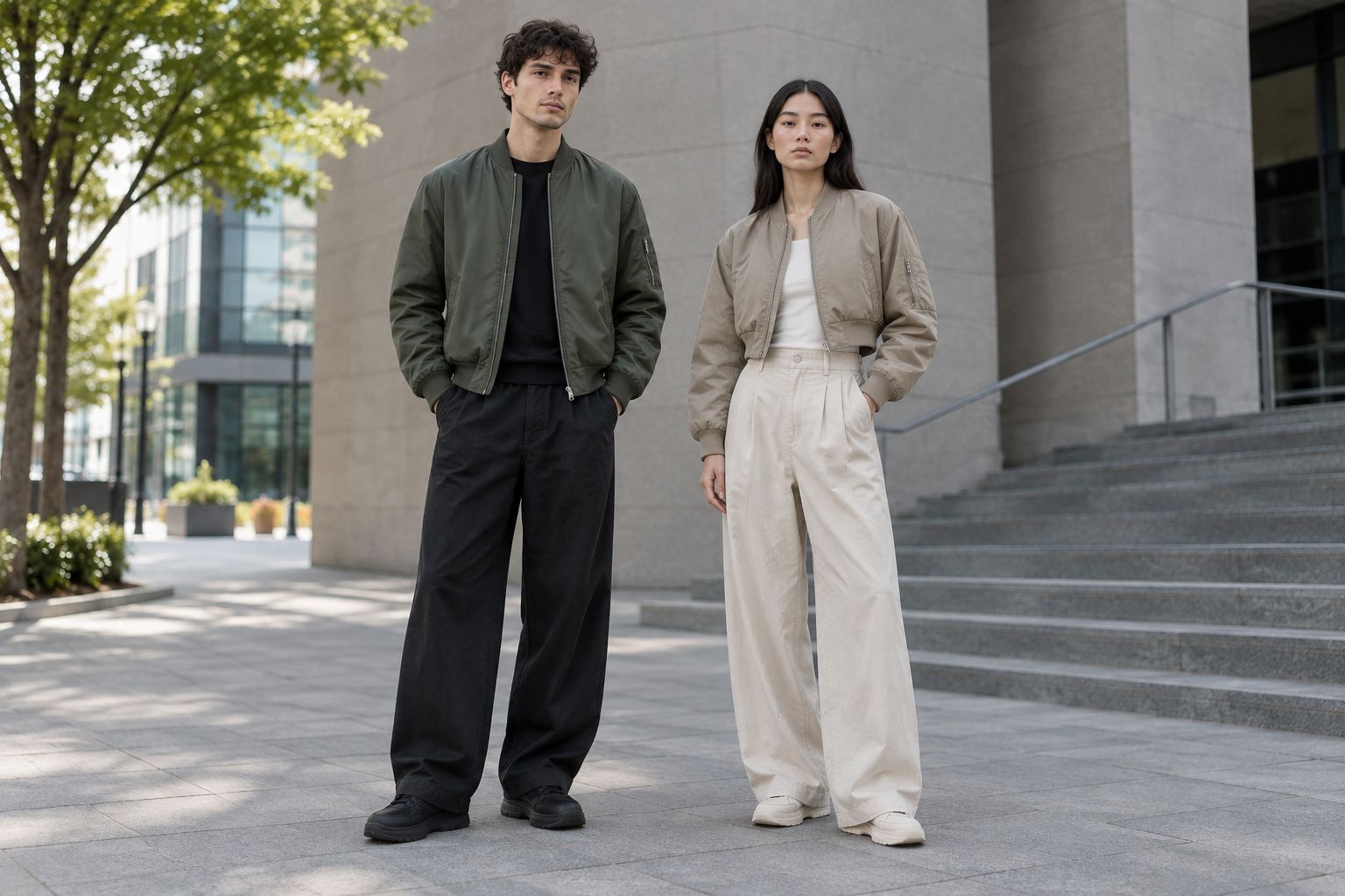 Waist-length and cropped bomber silhouettes shown with wide-leg trousers