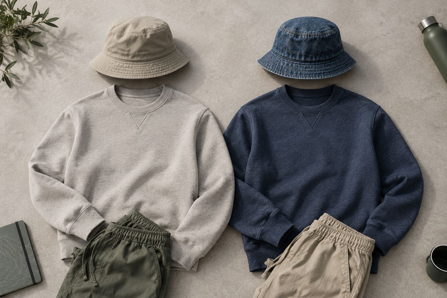 Plain sweatshirts paired with smooth cotton and textured denim bucket hats