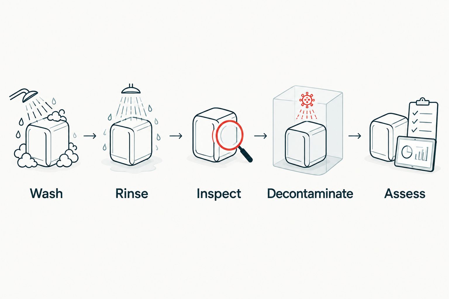 Sequence for checking a ceramic coating: wash, rinse, inspect, decontaminate and assess