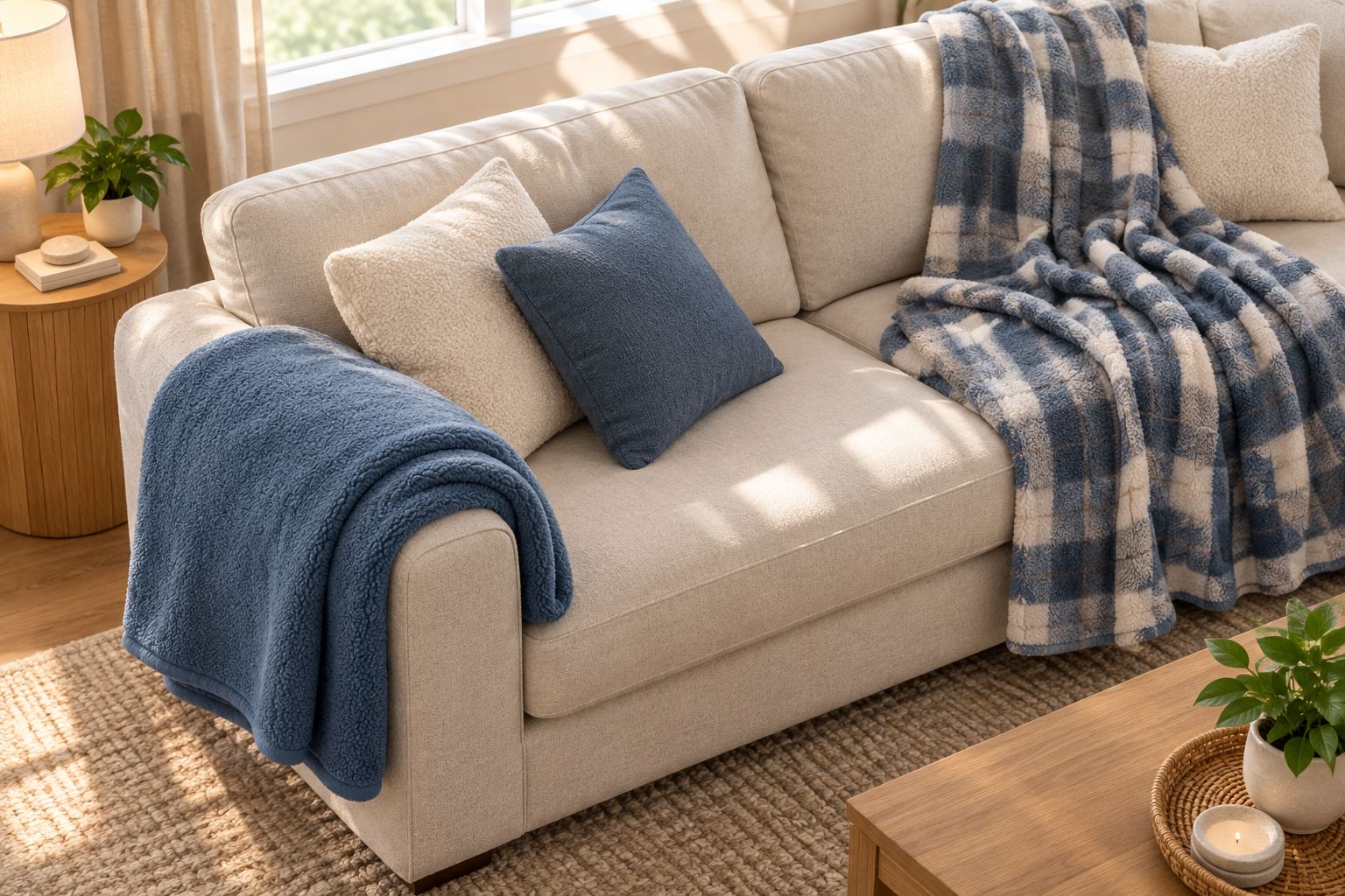 Plain and plaid throws arranged on a sofa to compare simple and patterned styling