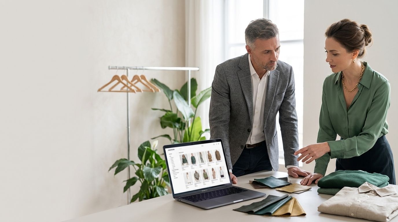 Retail leaders evaluating apparel search results together in a fashion studio