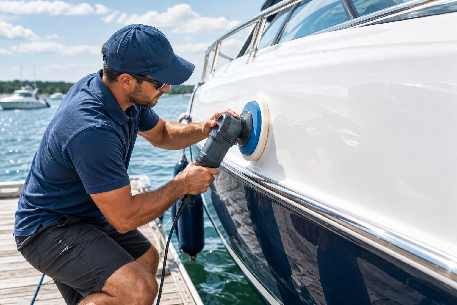 Technician polishing a fiberglass boat hull with a dual-action buffer