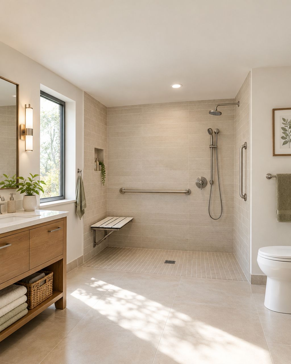 Accessible bathroom with a curbless walk-in shower, grab bars and fold-down bench