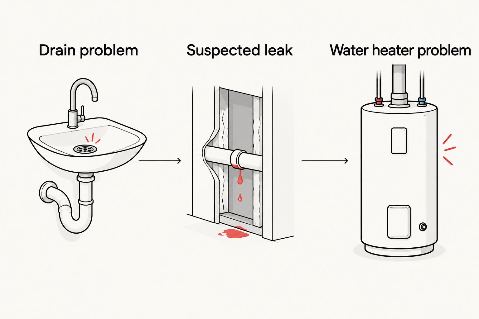 Three plumbing symptom groups: drain problem, suspected leak, and water heater problem
