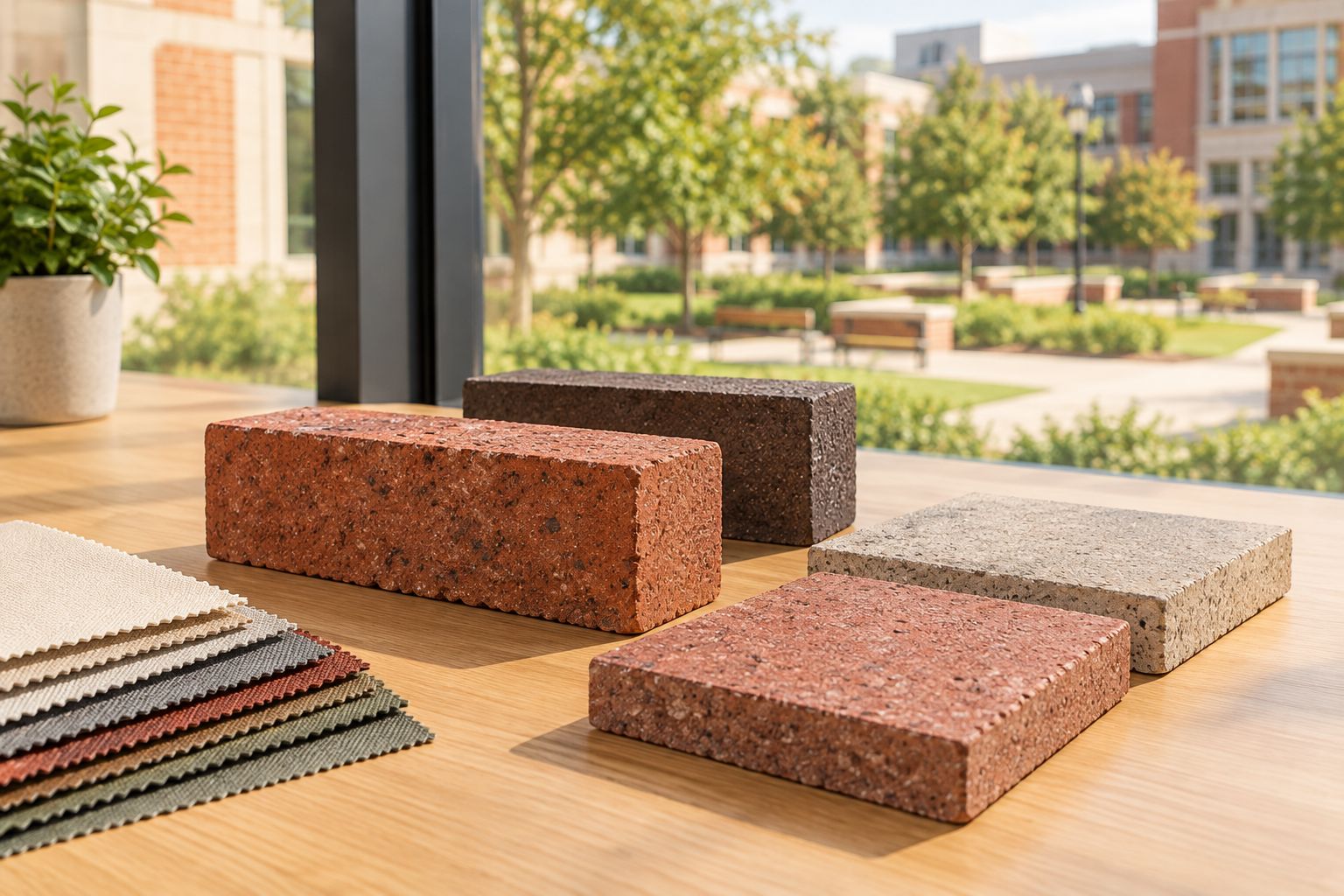 Blank brick and paver samples on a table beside a university courtyard