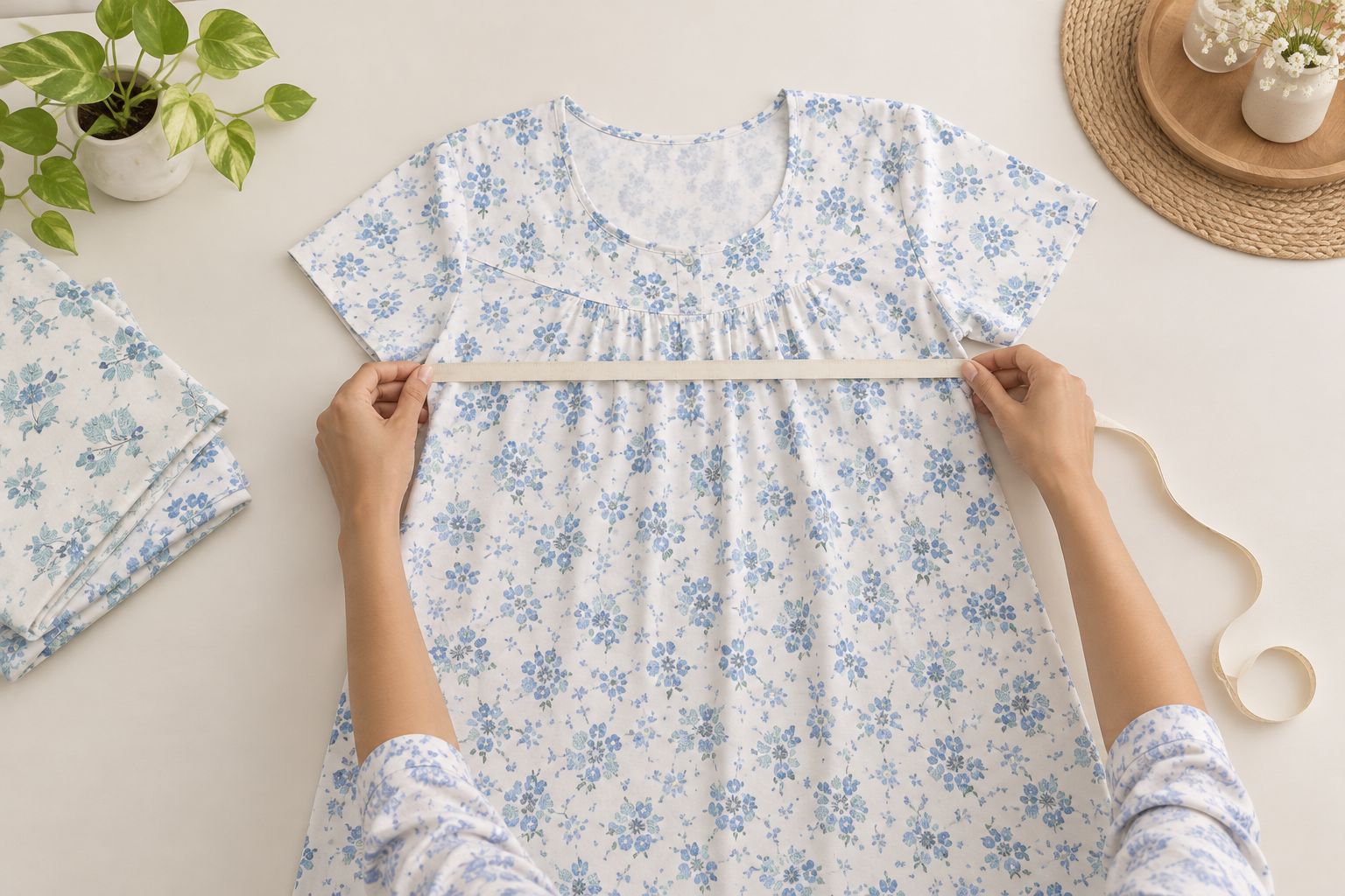 Measuring the chest width of a cotton nightdress laid flat without stretching it