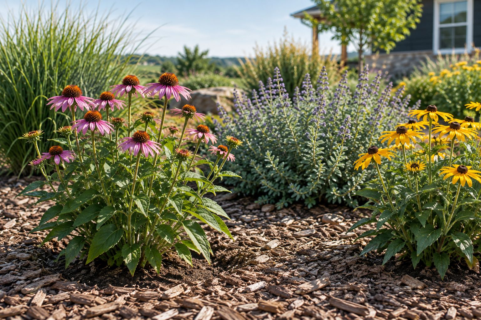 Young perennial plants with mulch around them and clear space around their crowns