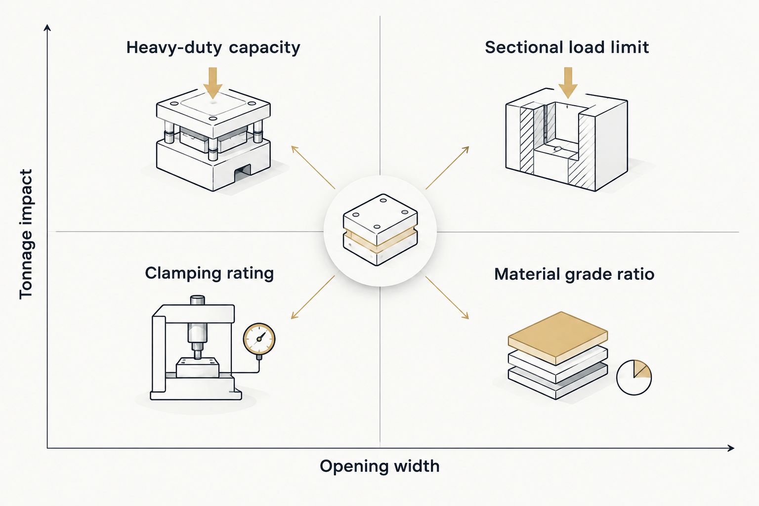 Diagram of the five factors that set a press brake die's tonnage capacity
