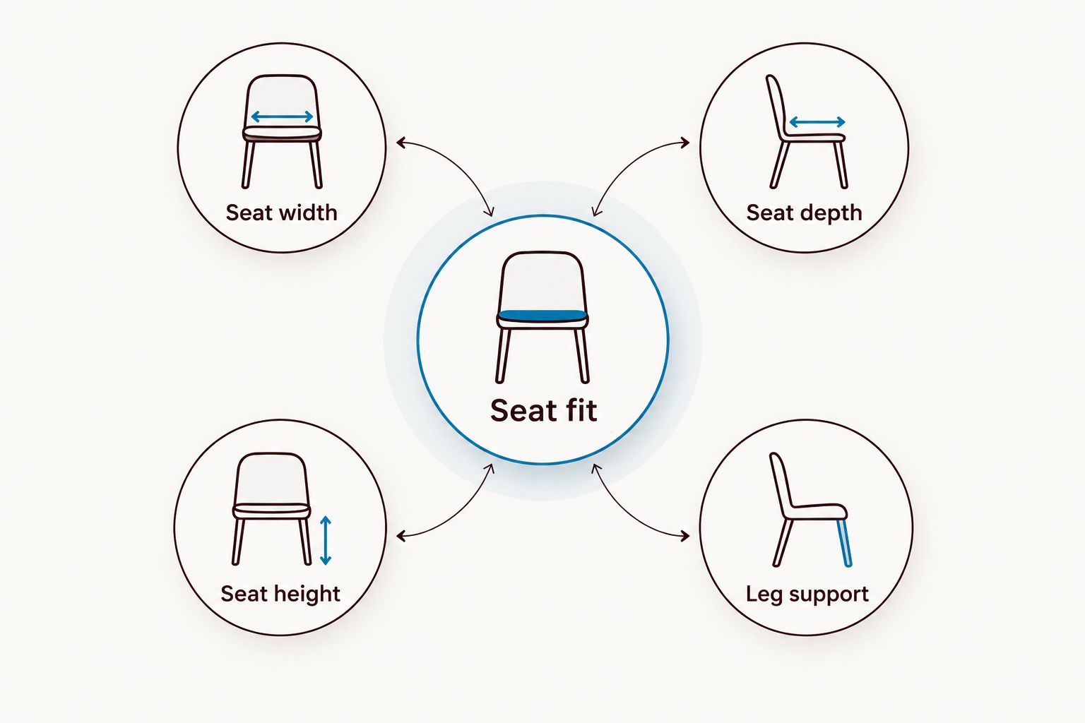 Seat fit diagram showing width, depth, height, and leg support