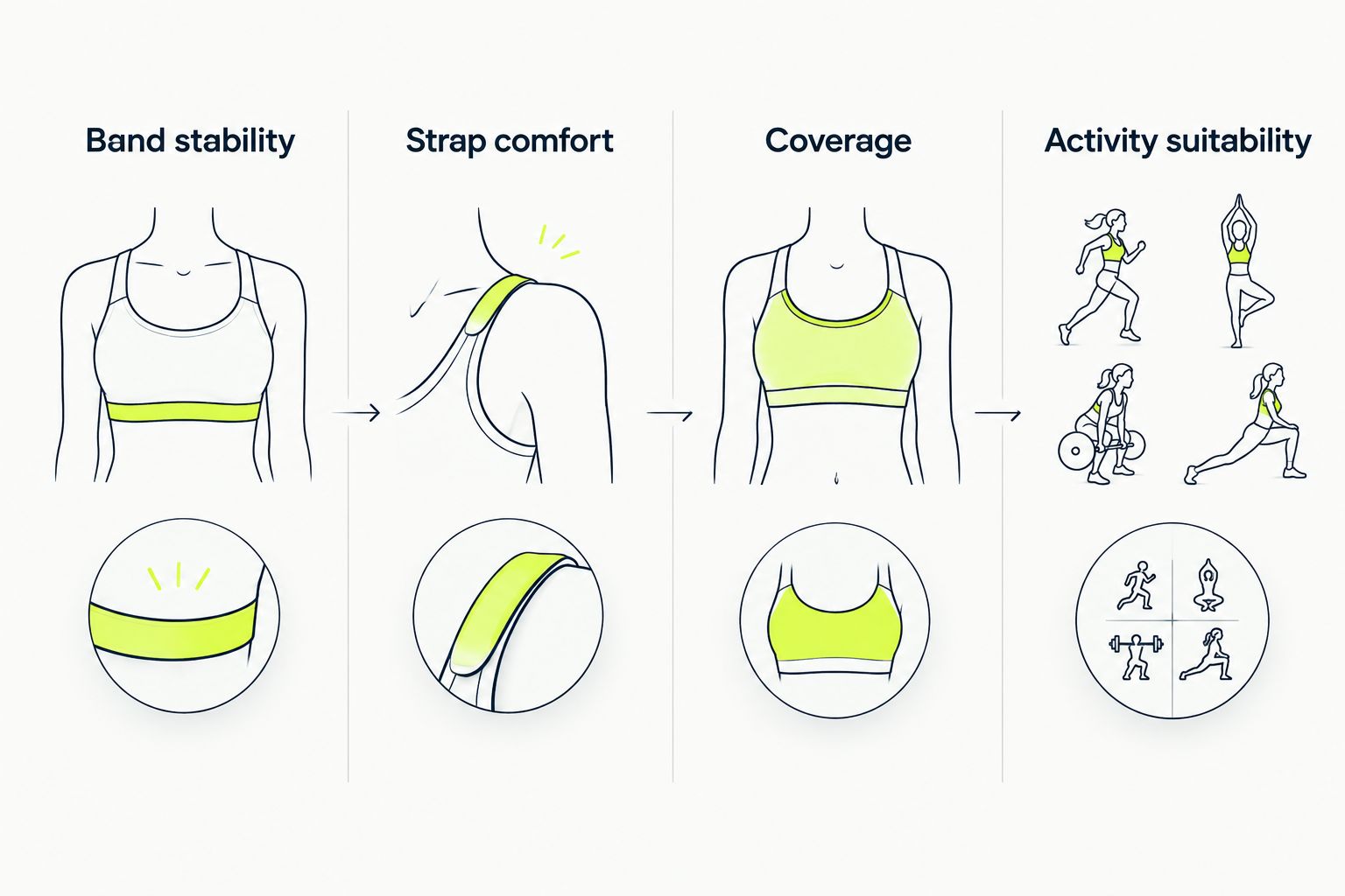 Four sports bra checks: band stability, strap comfort, coverage, and activity suitability