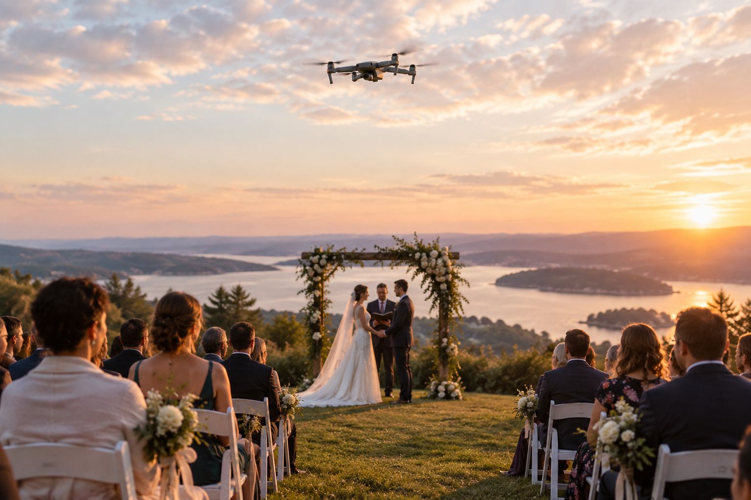 Drone hovering above an outdoor wedding ceremony during golden hour