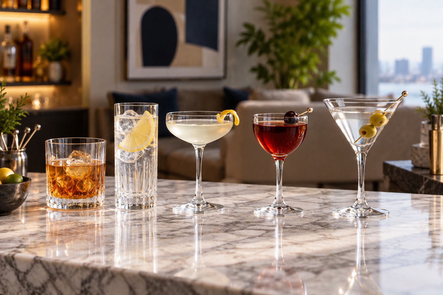 Rocks, highball, coupe, Nick and Nora, and martini glasses showing different bowl shapes