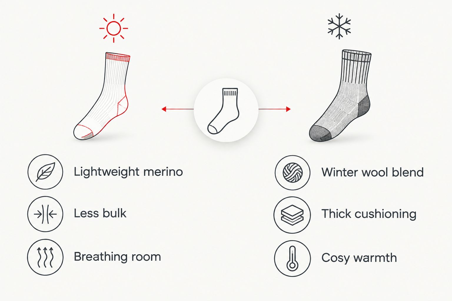 Comparison of lightweight merino socks and cushioned winter wool-blend socks