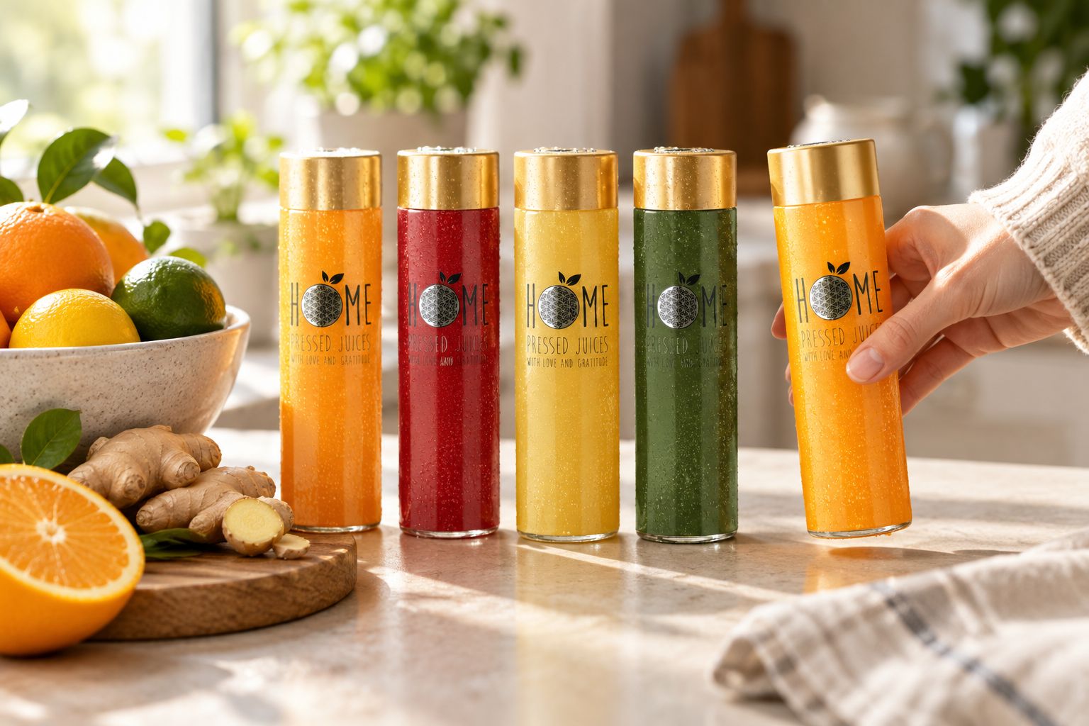 Immunity Booster Organic Juice Pack bottle on a kitchen bench