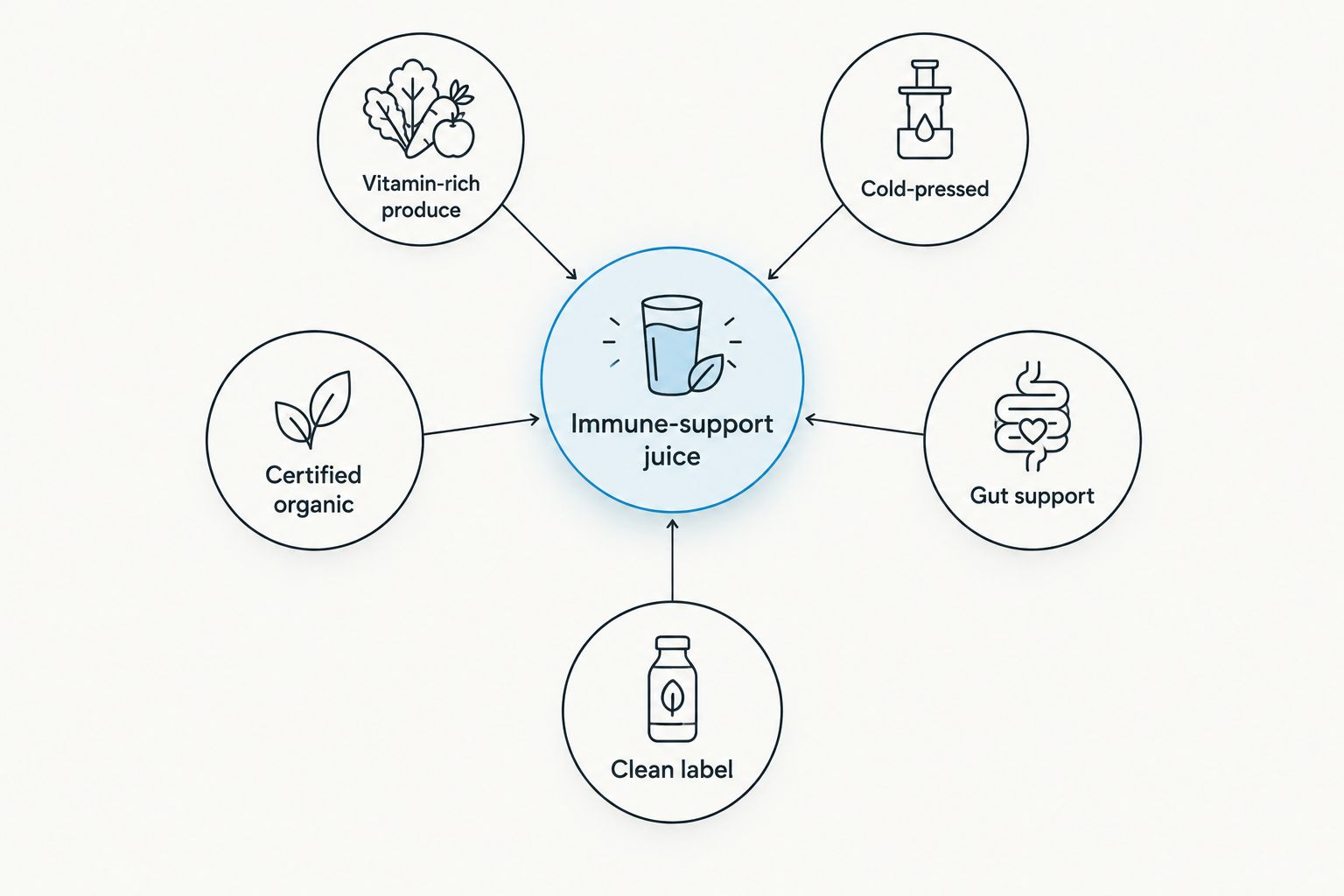 Diagram of five criteria for choosing an immune-support juice