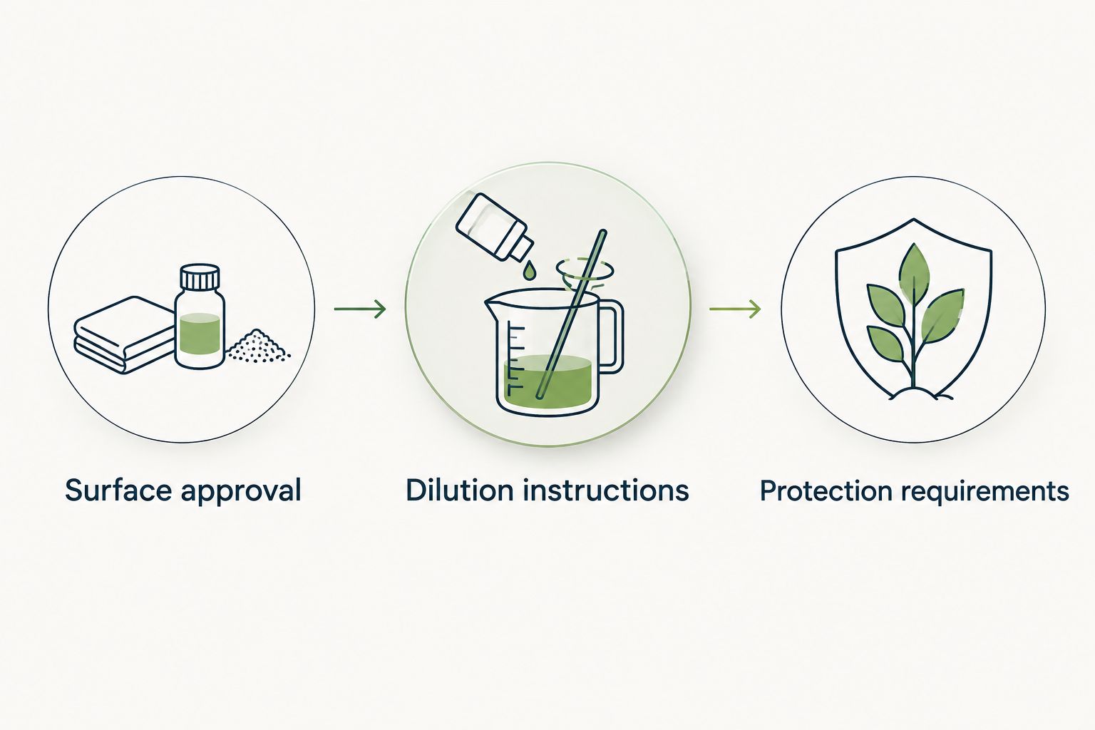 Three detergent comparison checks: surface approval, dilution instructions, and protection requirements