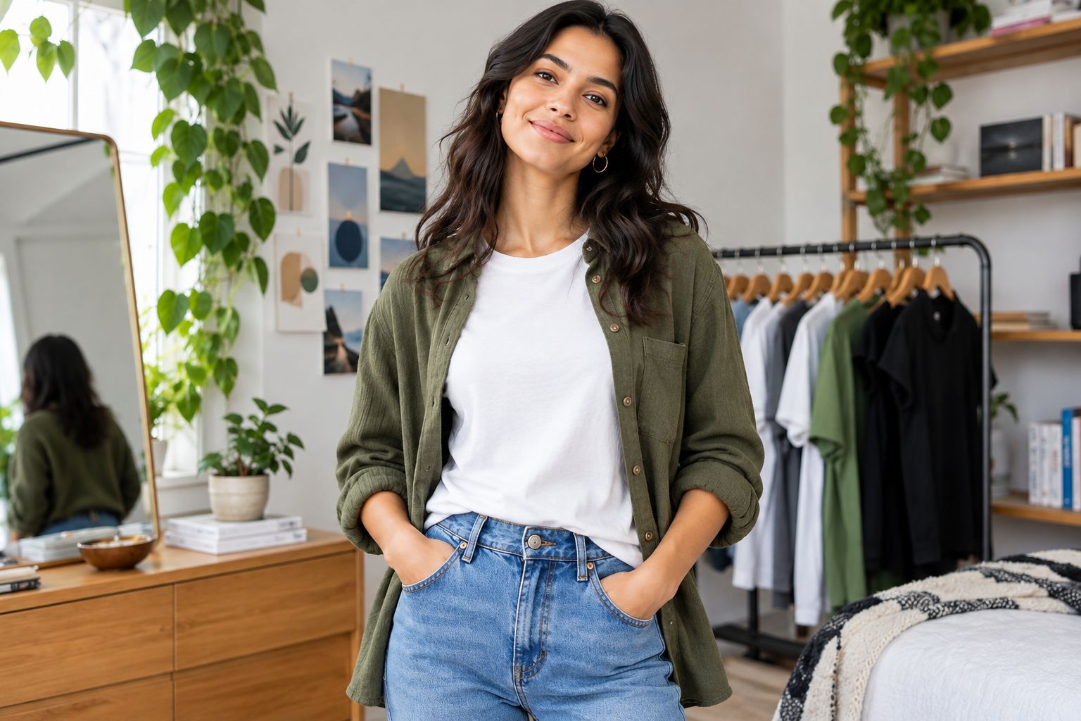 An open overshirt framing the clear front of a plain tee