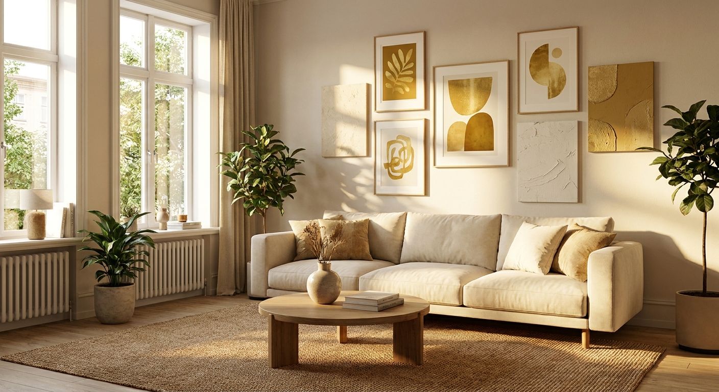 Gold and mustard wall art for a warm, sunlit living room