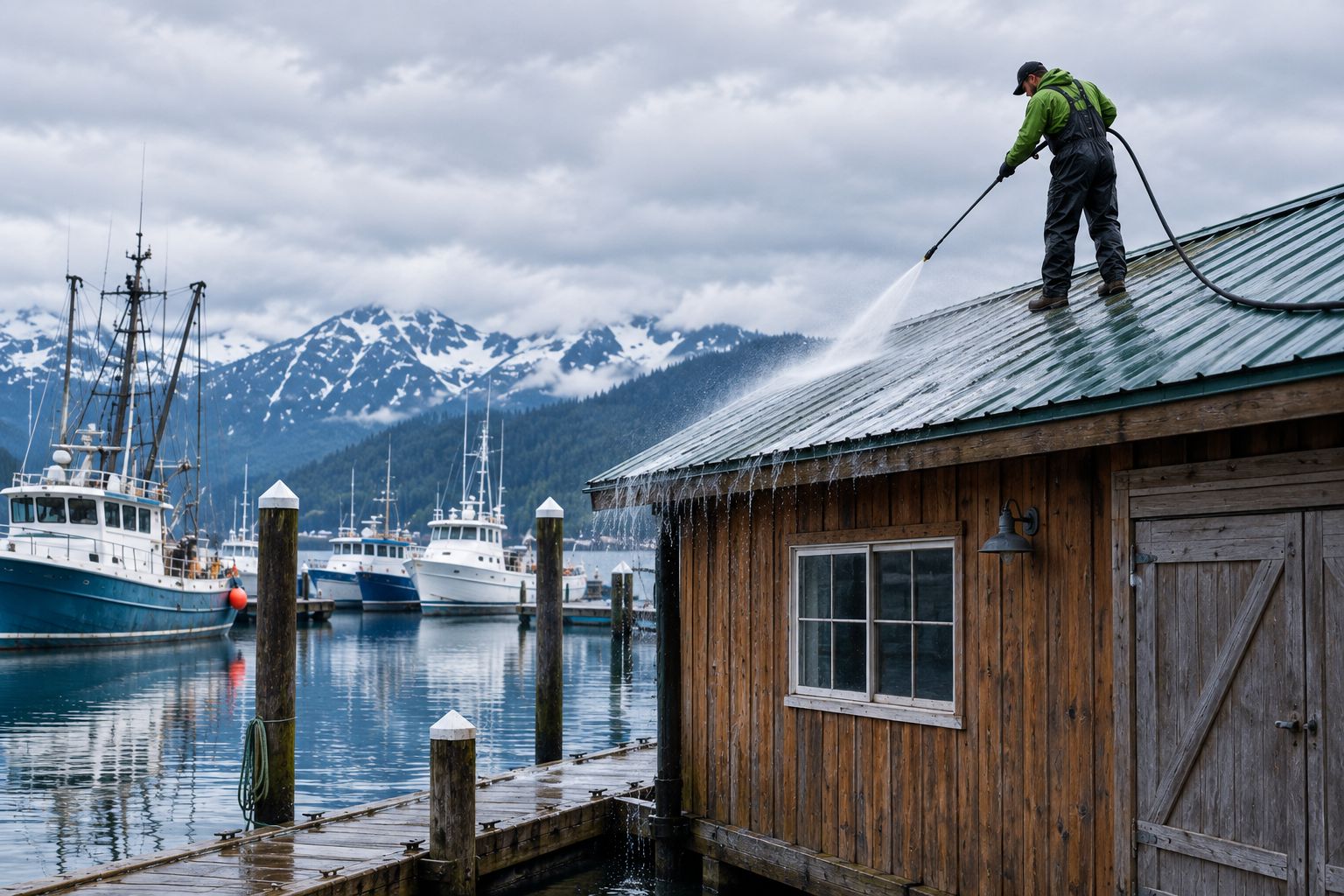 Worker soft-washing a boathouse roof at an Alaska harbor