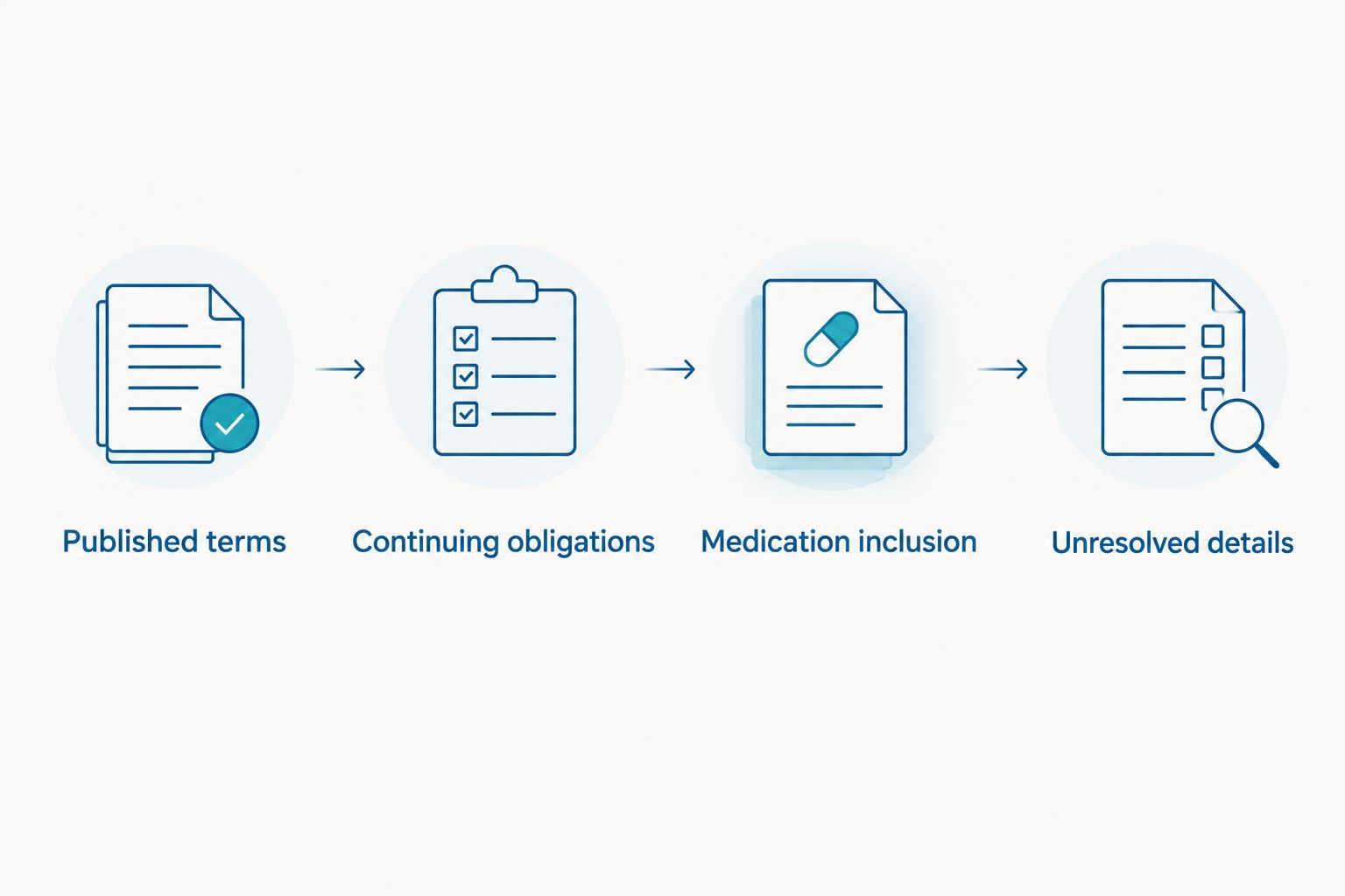Four checks covering published terms, continuing obligations, medication inclusion, and unresolved details.
