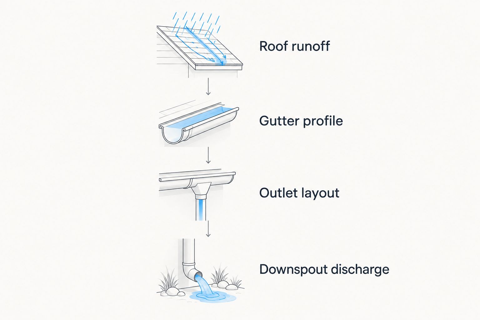 Roof runoff flowing through the gutter profile, outlet layout and downspout discharge