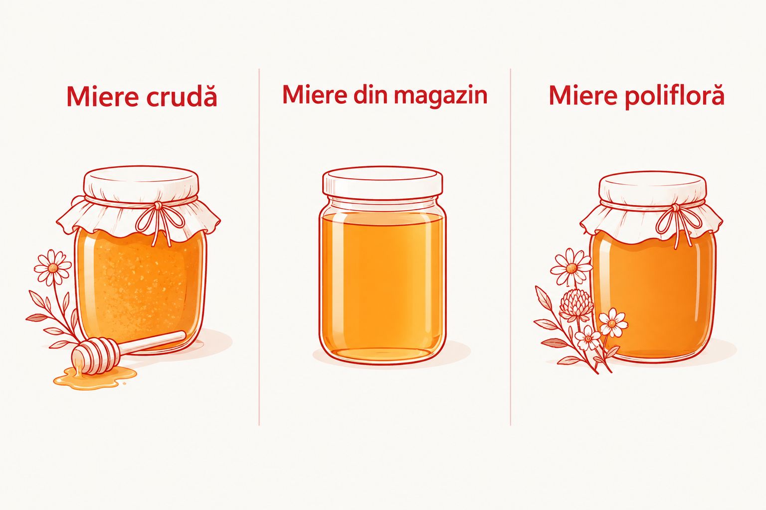 Comparație între mierea crudă, mierea din magazin și mierea polifloră.