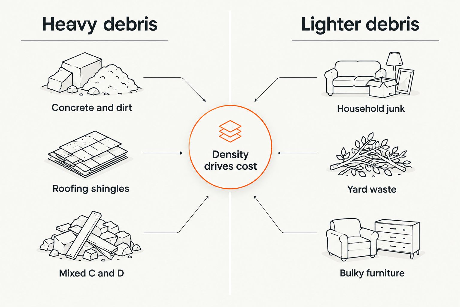Diagram comparing heavy debris types to lighter debris types by density