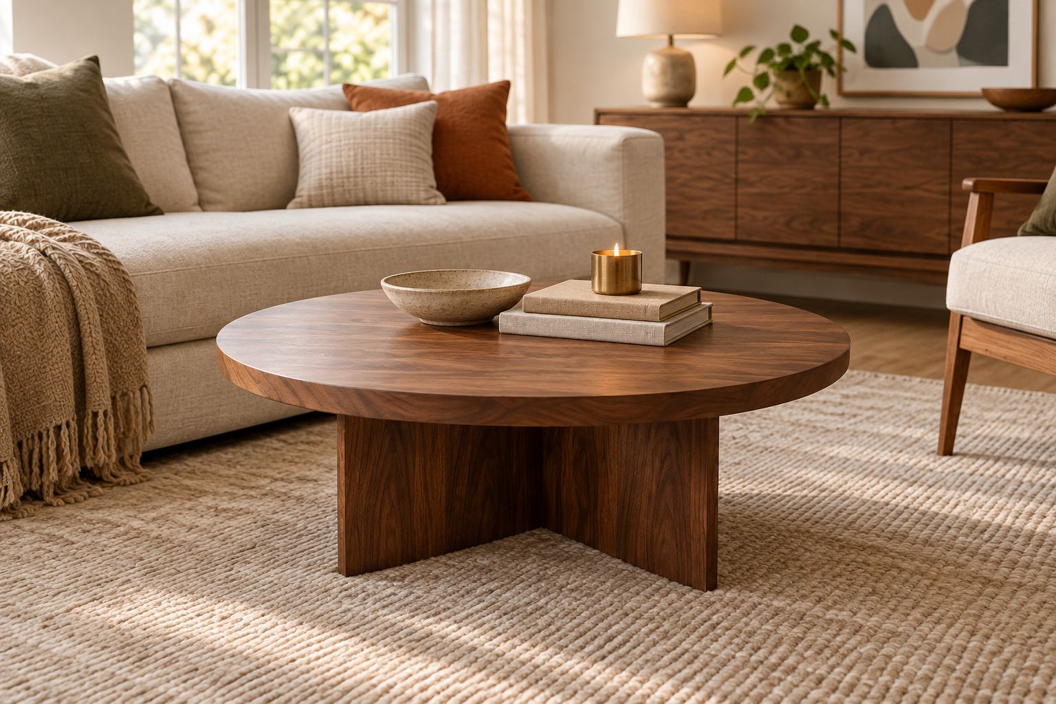 Round walnut coffee table with books, ceramic and brass in a warm living room