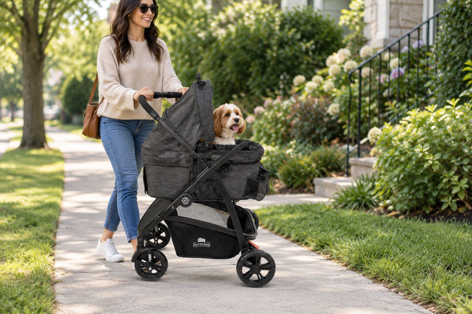 Pet owner walking beside a stroller carrying a small dog on a neighborhood sidewalk