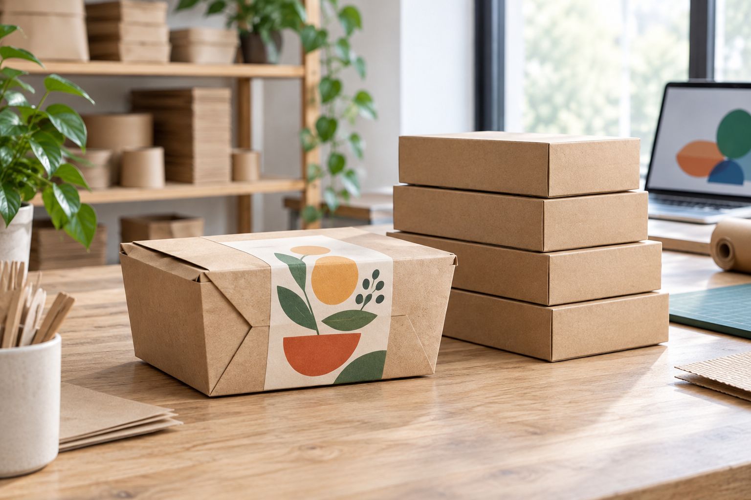 Kraft food packaging box on a shelf beside stacked rigid boxes