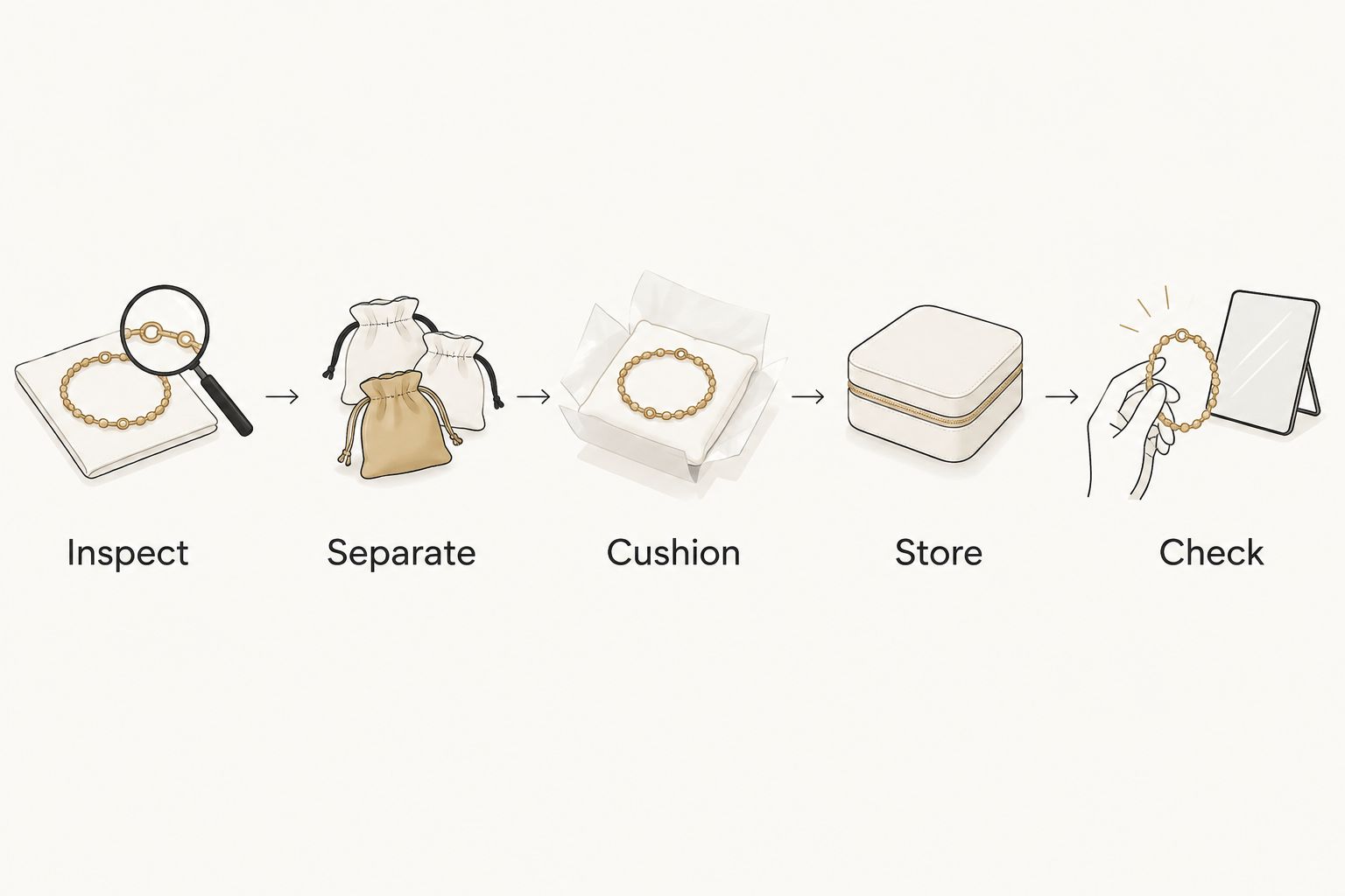 Five packing steps: inspect, separate, cushion, store and check.