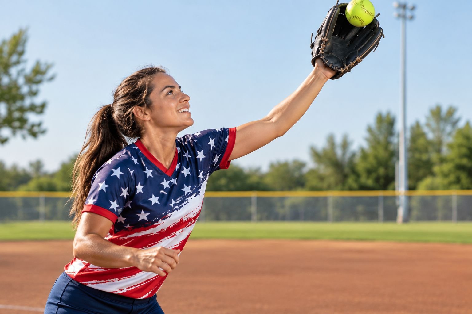 Adult softball player checking shoulder movement and jersey length during an overhead reach