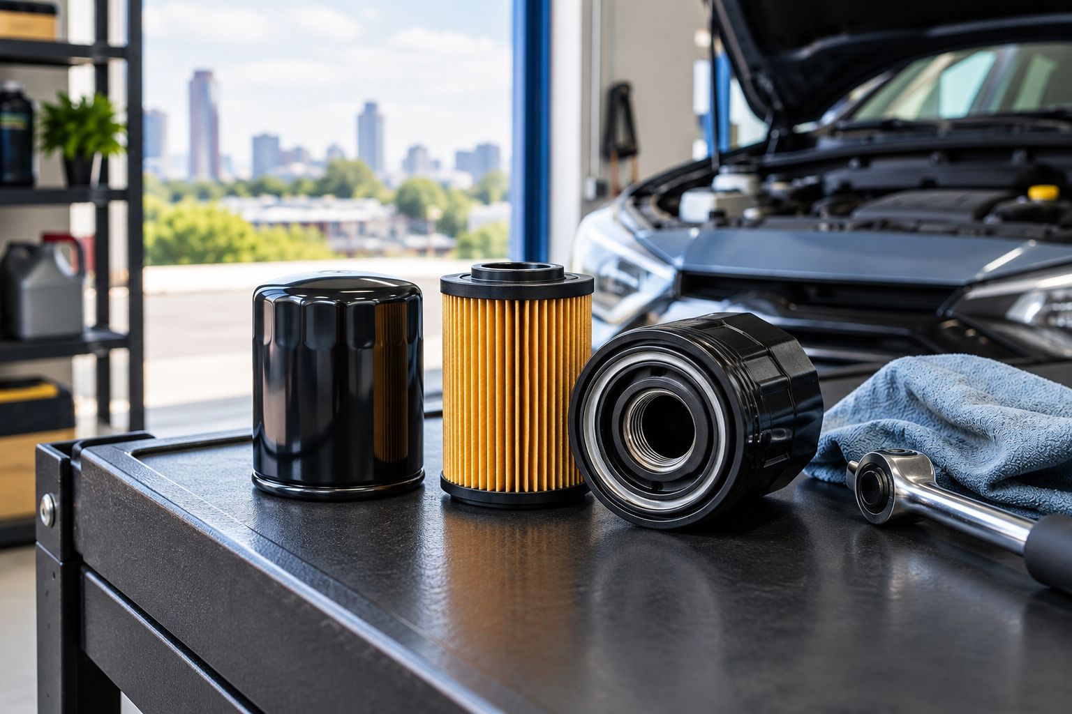 Spin-on oil filter beside a cartridge filter and housing