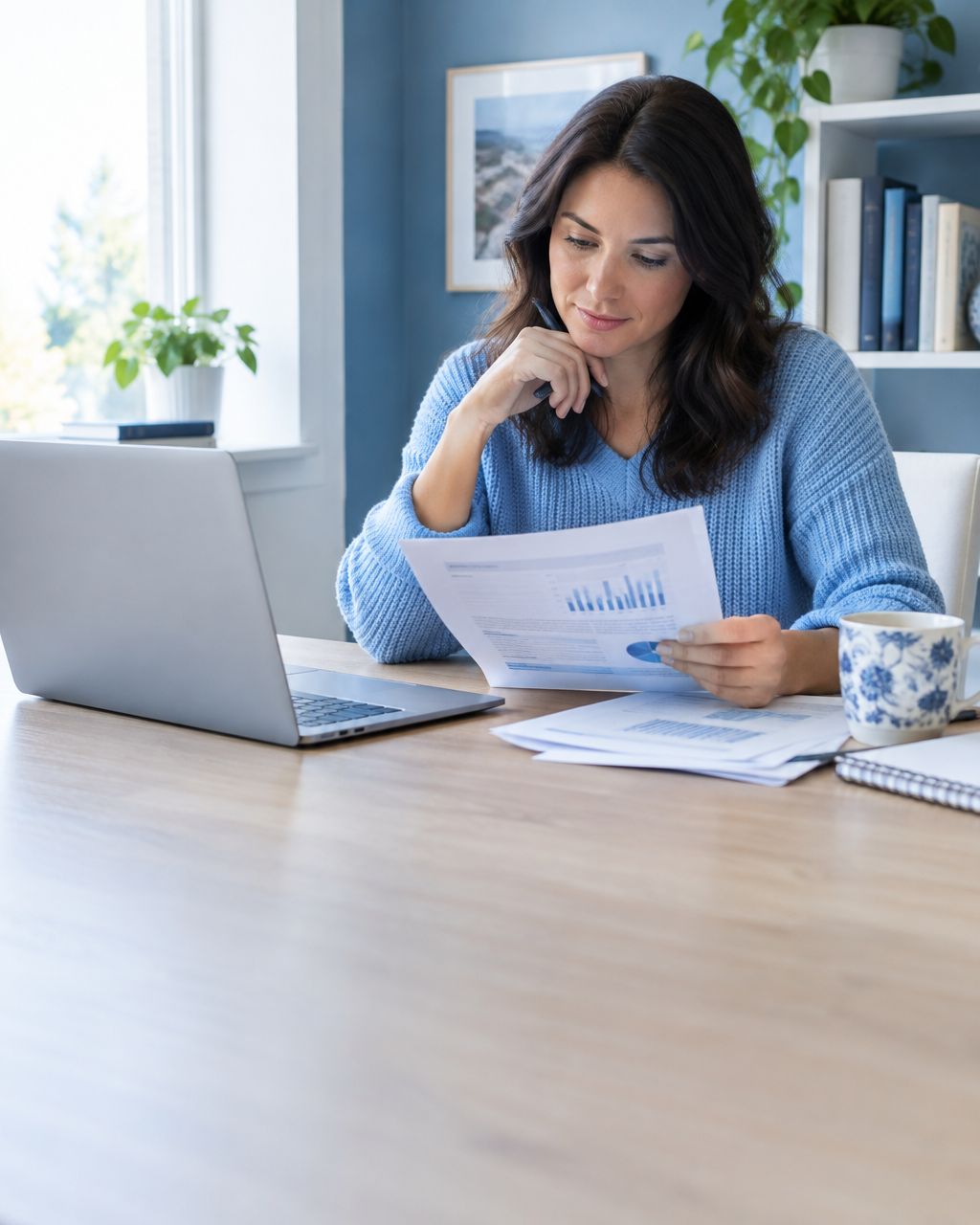 Homeowner reviewing a business report and complaint record at a desk