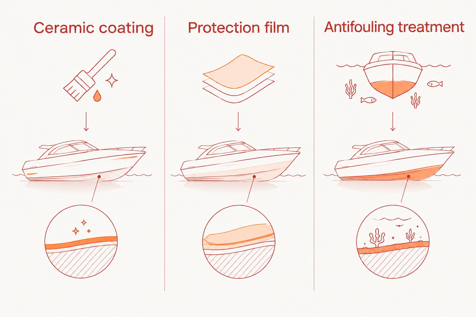 Ceramic coating, protection film and antifouling treatment shown as separate boat protection choices