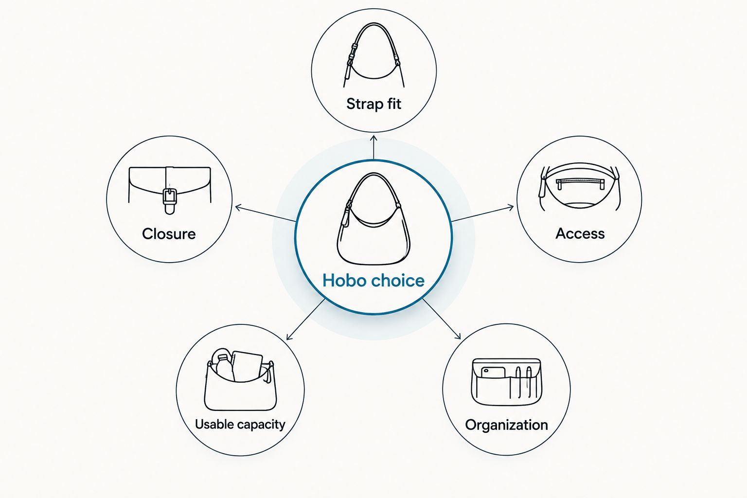 Five practical checks for choosing a hobo handbag: strap fit, closure, access, capacity, and organization.
