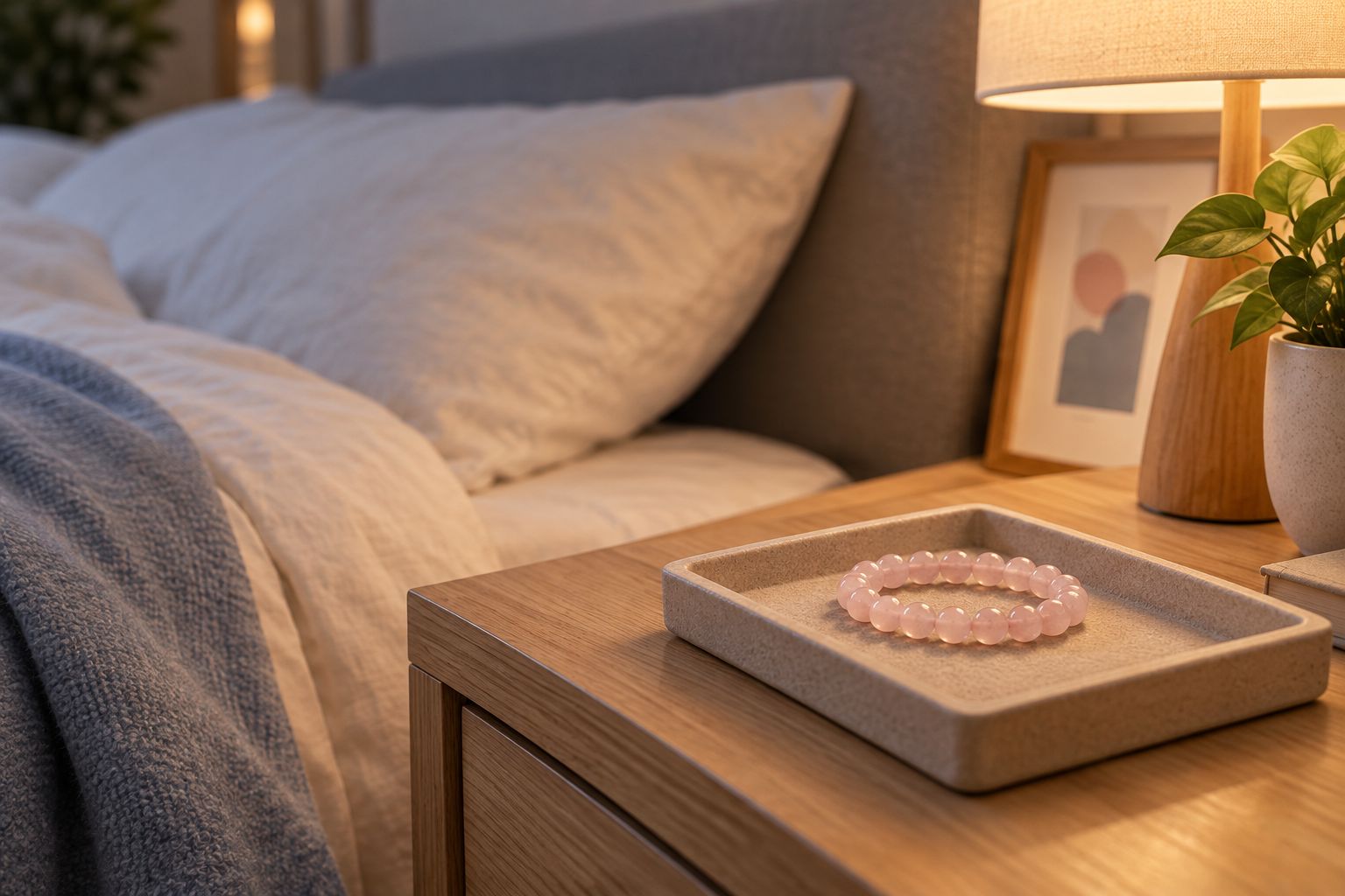 A pink bead bracelet stored in a shallow bedside tray, away from the pillow and bedding.