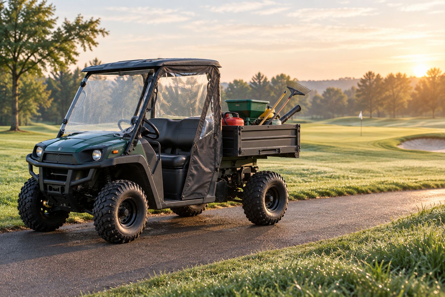UTV with cab enclosure parked on a golf course cart path at dawn