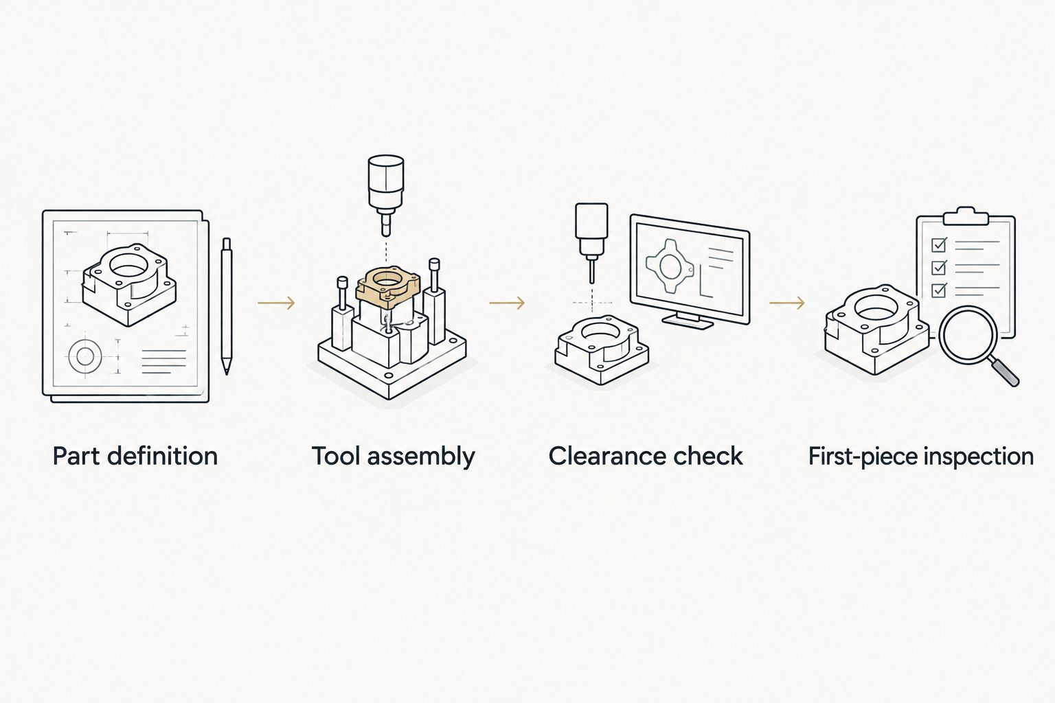 Engineering review sequence from part definition through tooling and clearance checks to first-piece inspection