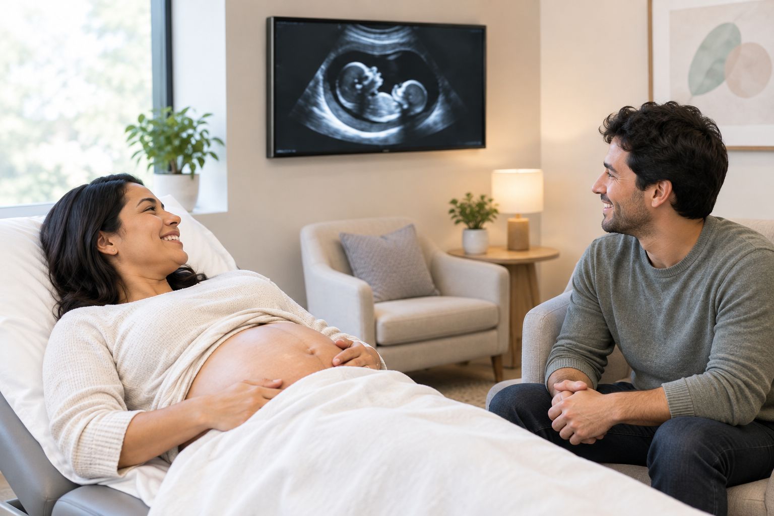 Calm private ultrasound room with a viewing screen and seating for a partner