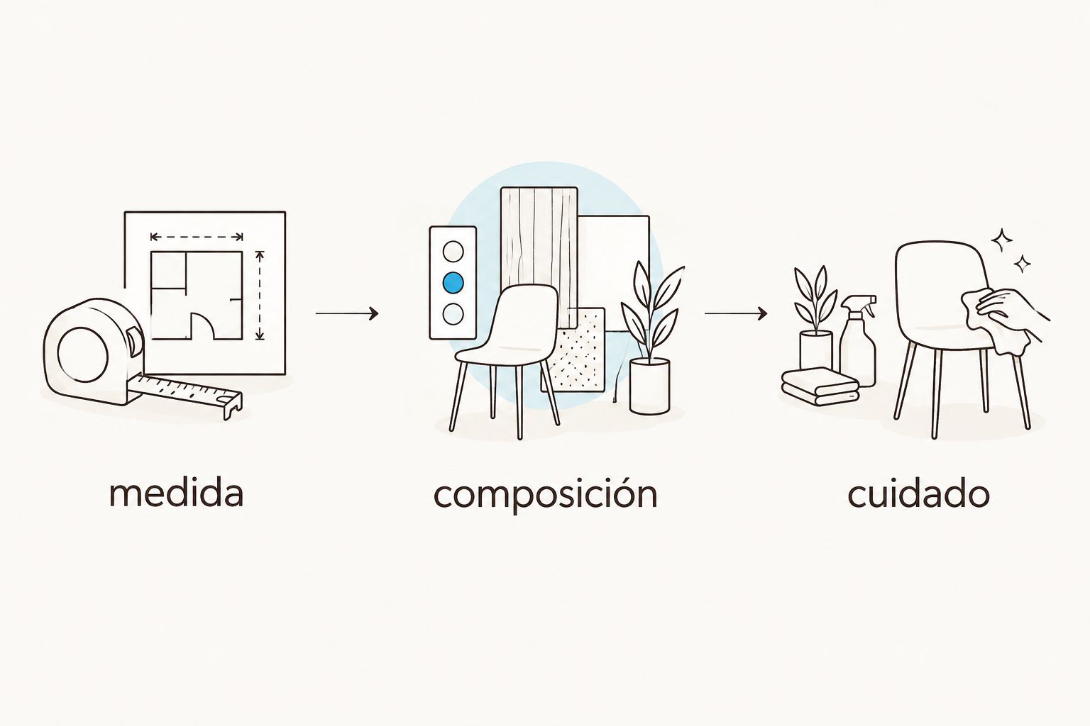 secuencia para elegir una funda: revisar medida, composición y cuidado
