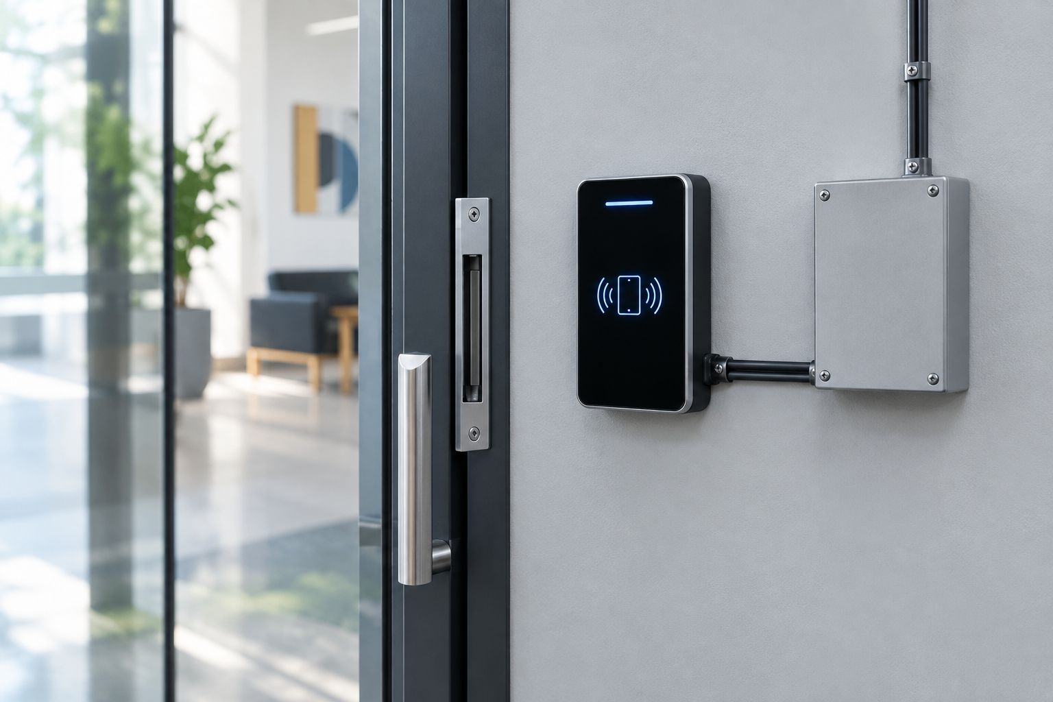 Door access reader, electric lock and separate power supply in a commercial installation
