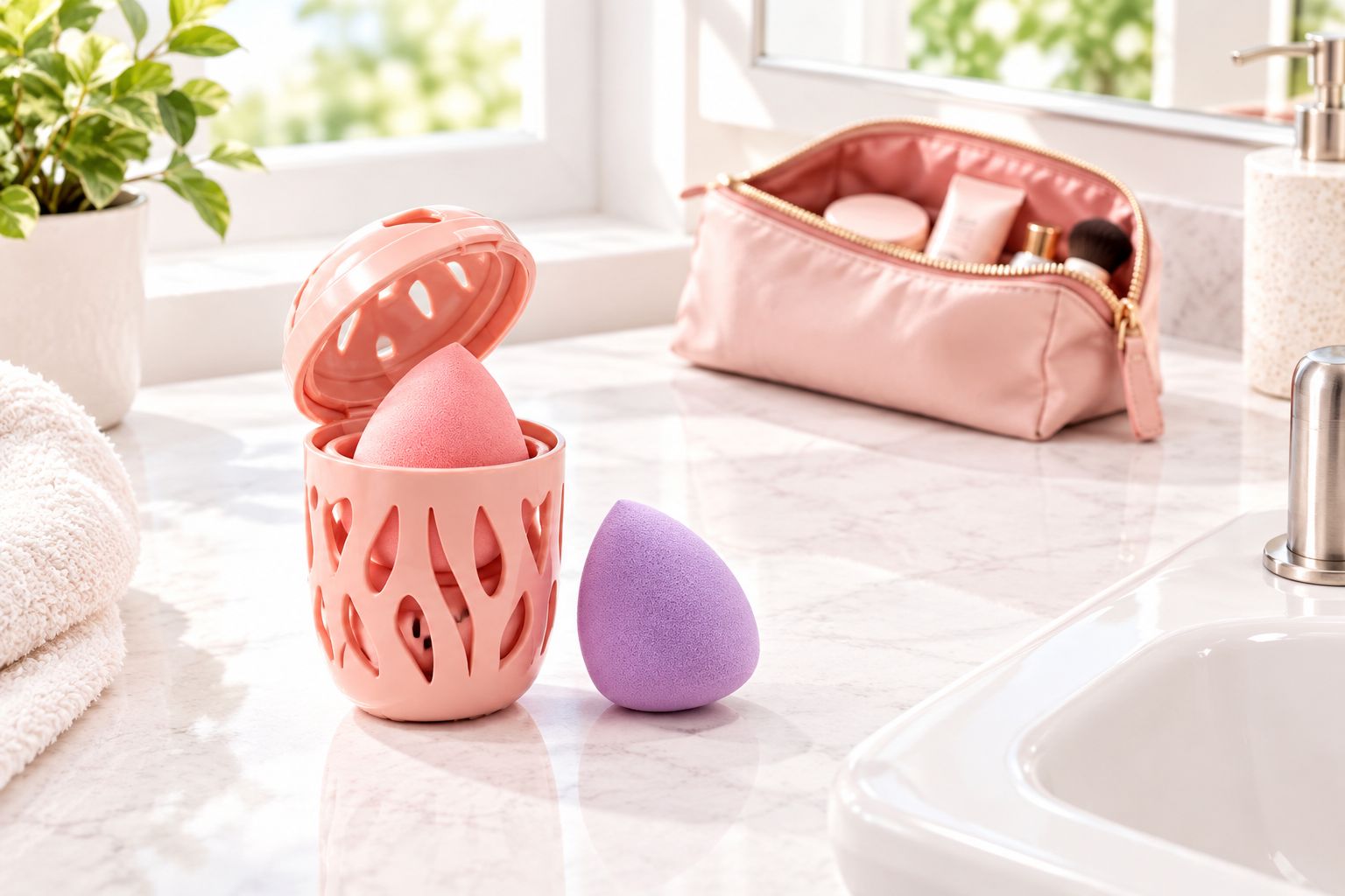 Open sponge case on a dry bathroom shelf, separate from an unpacked toiletry pouch