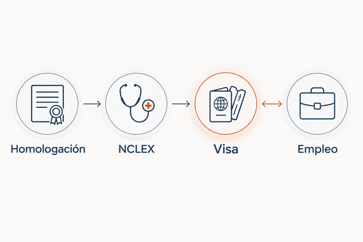 Etapas de homologación, NCLEX, visa y empleo, con coordinación entre visa y empleo.