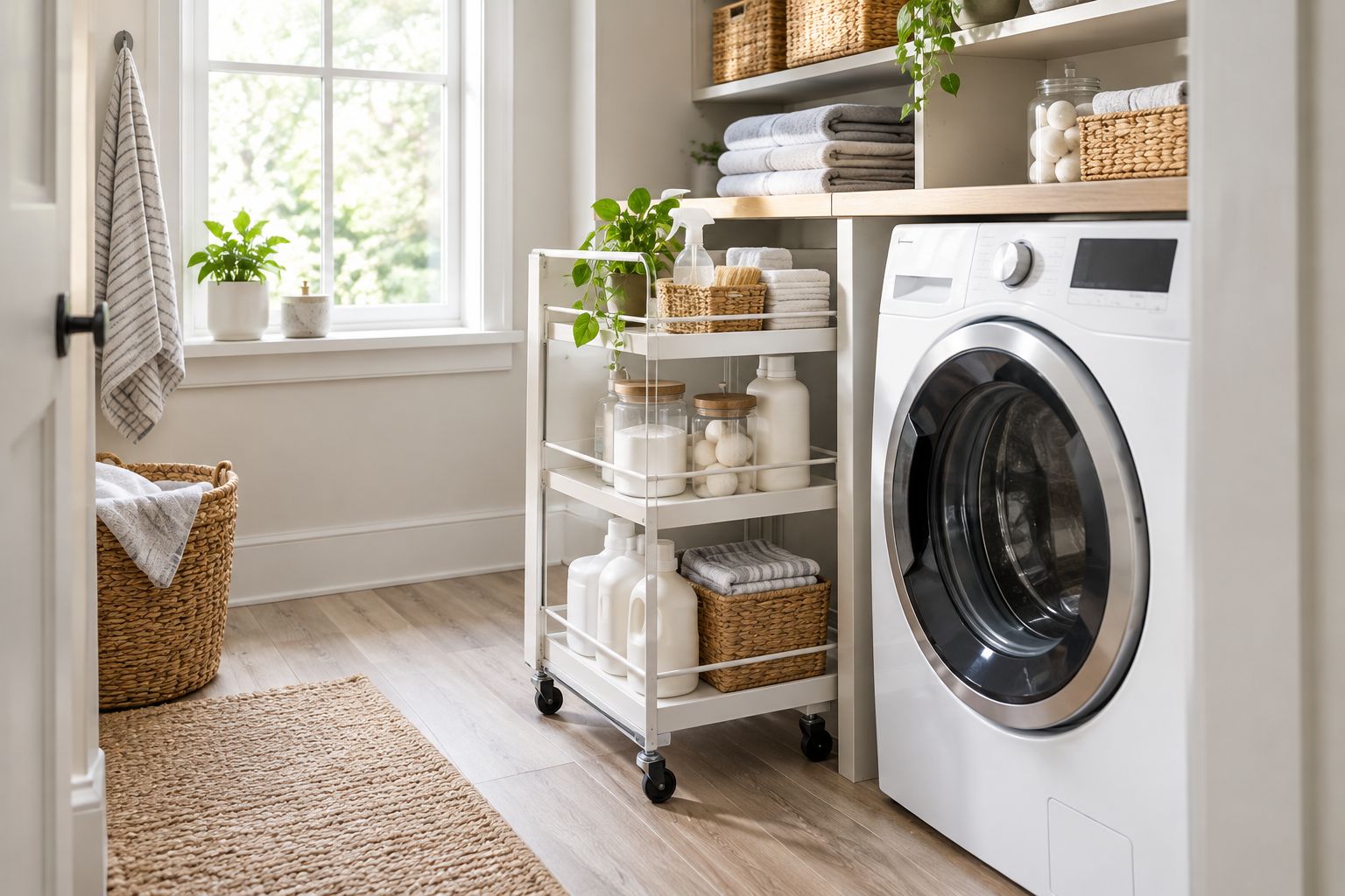 Narrow laundry cart pulled out beside a washer with clear access to its shelves