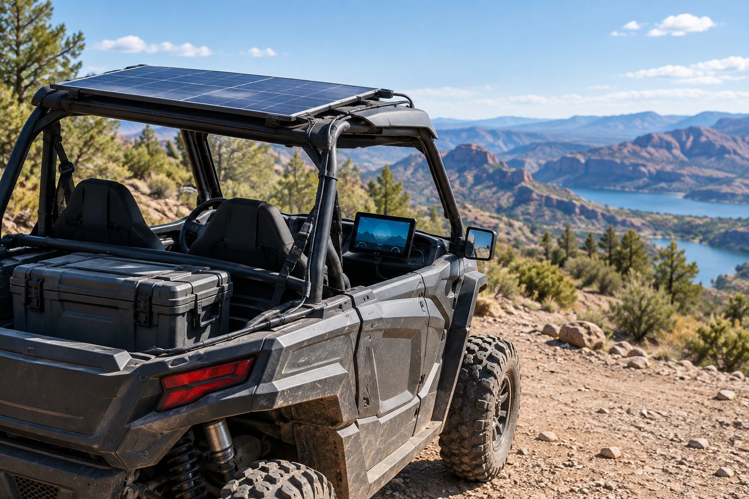Rigid solar panel mounted on a UTV roof at a desert trailhead