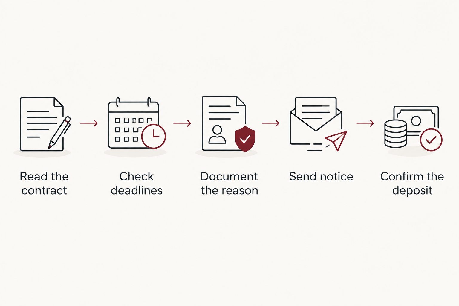 Sequence for checking a purchase agreement and giving notice before seeking a deposit release