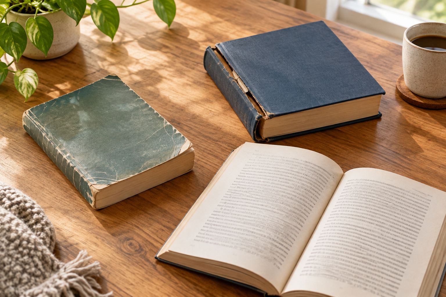 Used books showing worn corners, an open page layout, and a loosened binding